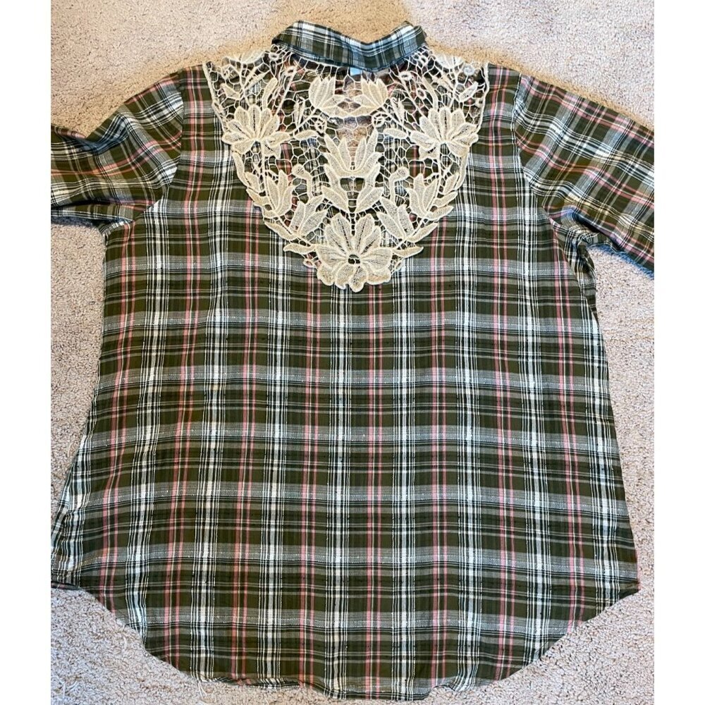 Dress Barn Button Front Shirt Womens 2X Brown Plaid Lace Back Feminine NWT